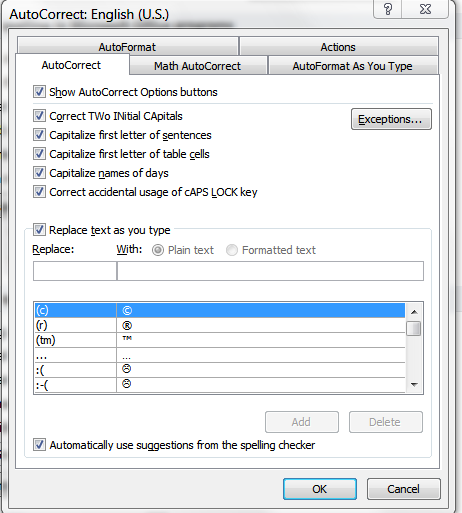 AutoCorrect Dialog in Word